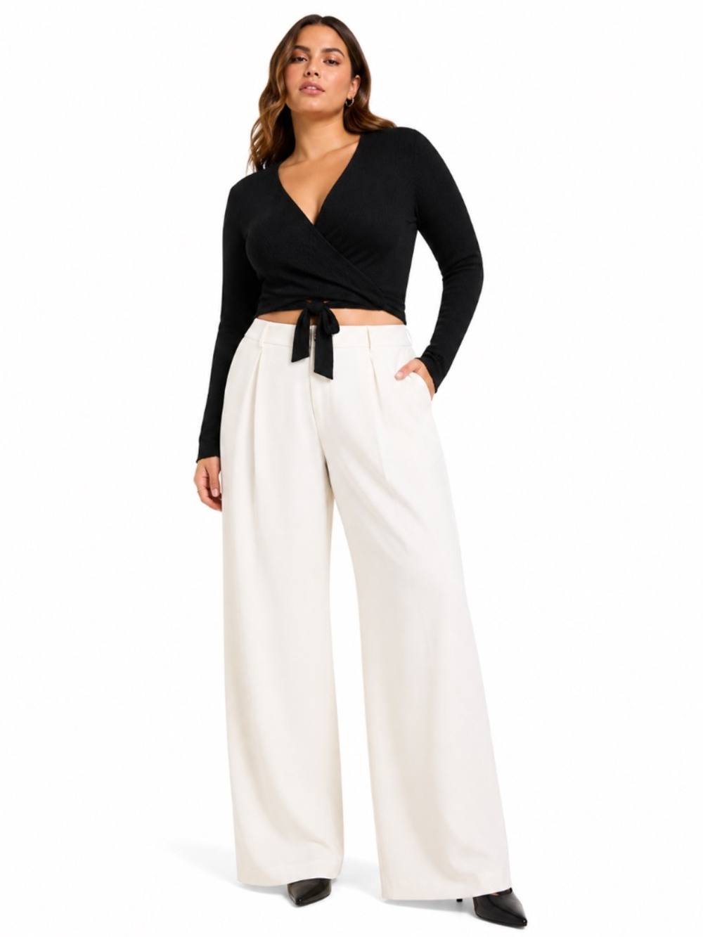 Limited Collection Long-Sleeve Ribbed Wrap Cropped Sweater β Large EUC